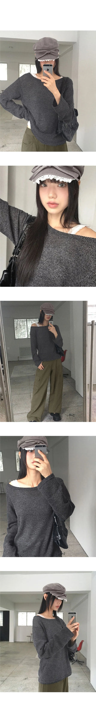 Wally Bokashi Boat Neck Off Shoulder Long Sleeve Knitwear