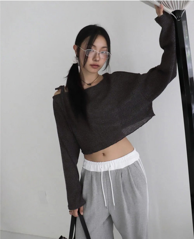 Hoop One Shoulder Strap Crop Mesh Knitwear