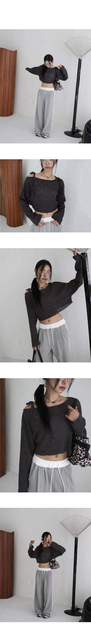 Hoop One Shoulder Strap Crop Mesh Knitwear