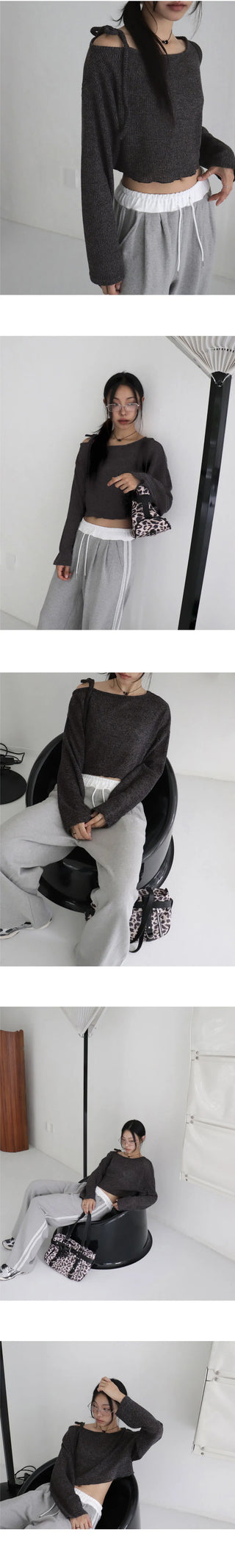 Hoop One Shoulder Strap Crop Mesh Knitwear