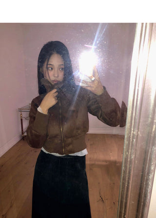 Tmin Shibori Buckle High Neck Fur Lined Short Shearling Jacket