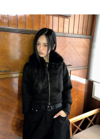 Tmin Shibori Buckle High Neck Fur Lined Short Shearling Jacket