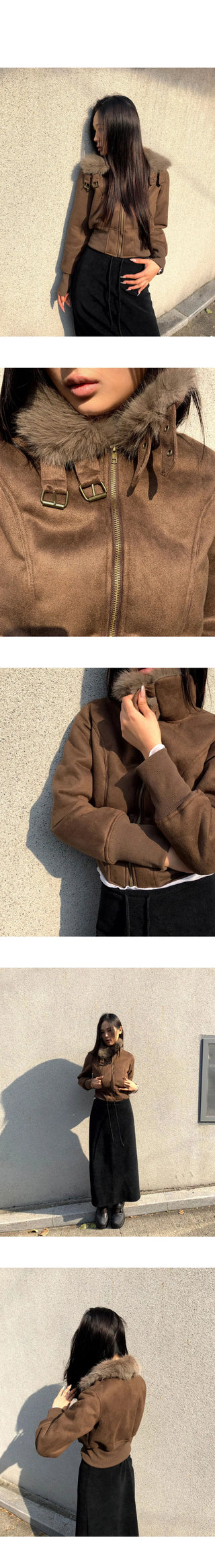 Tmin Shibori Buckle High Neck Fur Lined Short Shearling Jacket