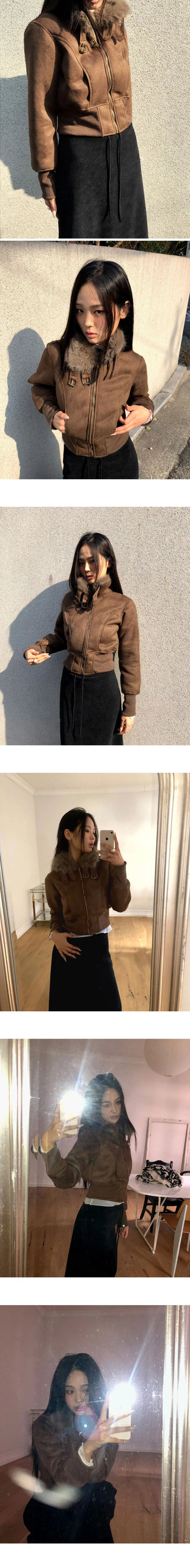 Tmin Shibori Buckle High Neck Fur Lined Short Shearling Jacket