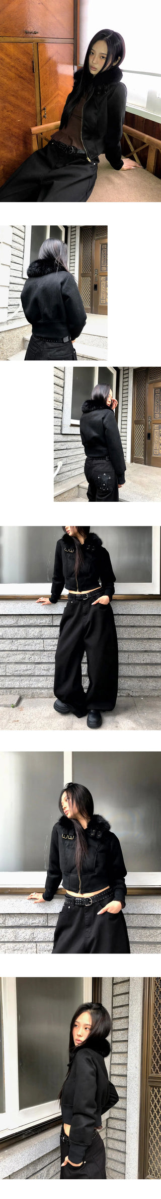 Tmin Shibori Buckle High Neck Fur Lined Short Shearling Jacket