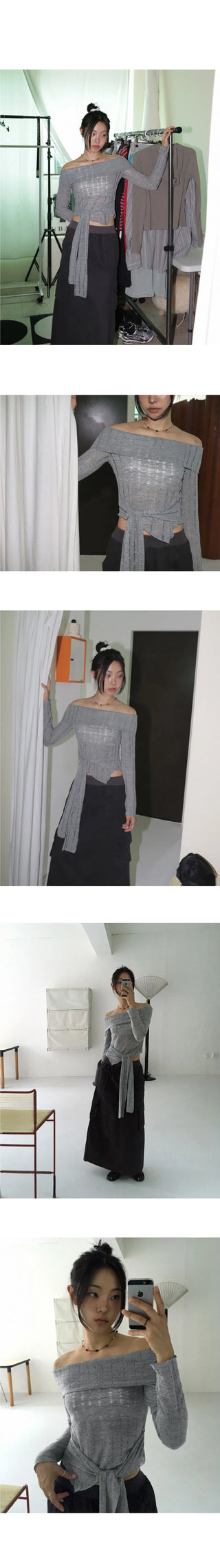 Noten Punching Tie Strap Off Shoulder Knitwear