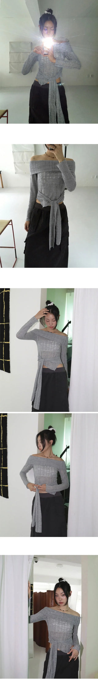 Noten Punching Tie Strap Off Shoulder Knitwear