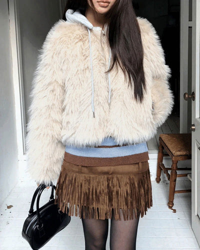 Hoa color block hooded zip-up fur jacket