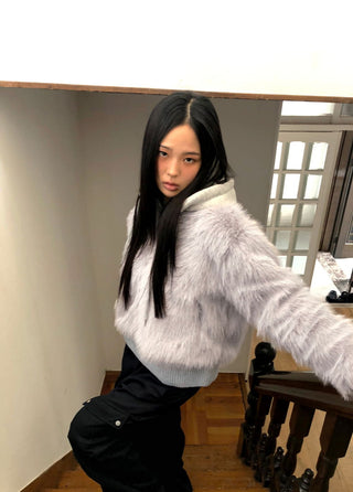 Hoa color block hooded zip-up fur jacket