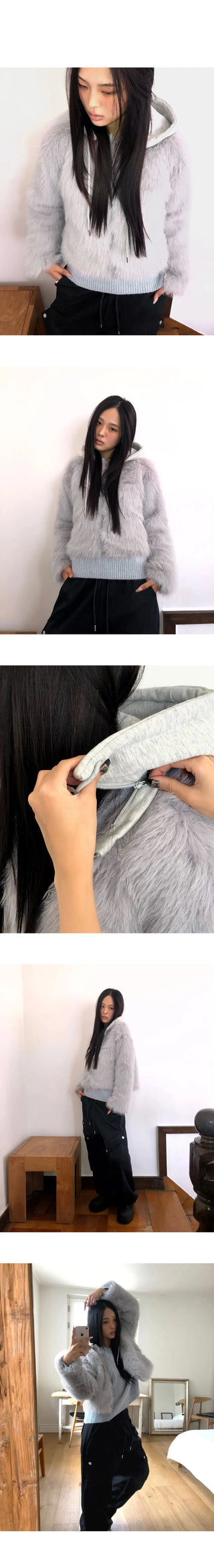 Hoa color block hooded zip-up fur jacket