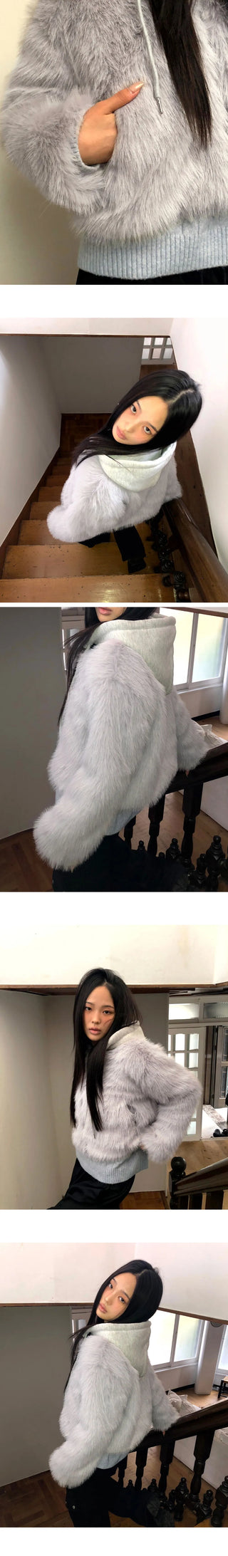 Hoa color block hooded zip-up fur jacket