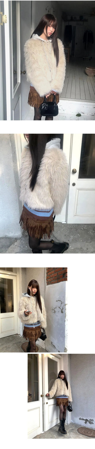 Hoa color block hooded zip-up fur jacket