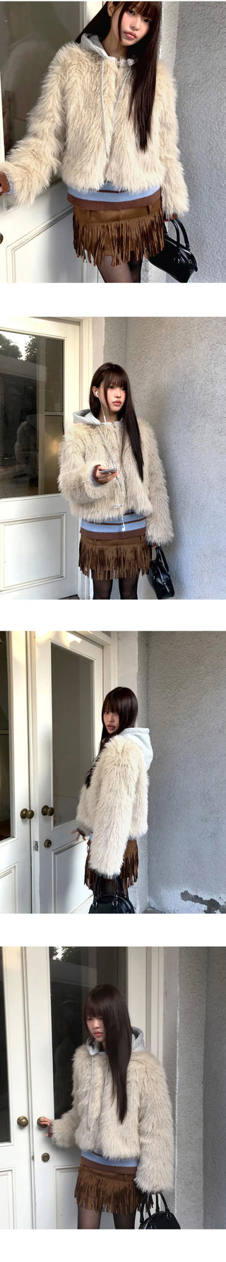 Hoa color block hooded zip-up fur jacket