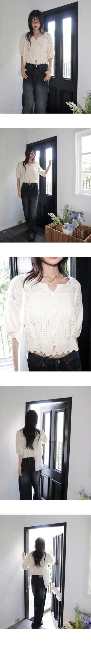 Podot Heart Punching 5-Sleeve Knitwear Cardigan