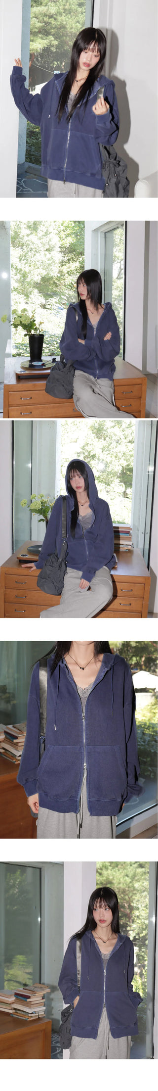 Birming Pigment Solid Zuri Balloon Two Way Hooded Zip-Up