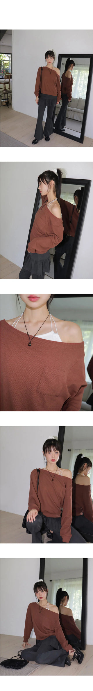 Kento Waffle Pocket Off-Shoulder Sweatshirt