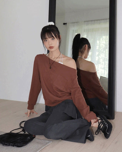 Kento Waffle Pocket Off-Shoulder Sweatshirt