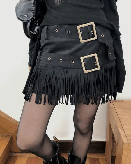 Leah Suede Two-Belt Tassel Mini Skirt