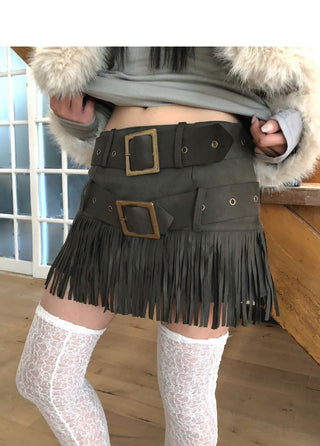 Leah Suede Two-Belt Tassel Mini Skirt
