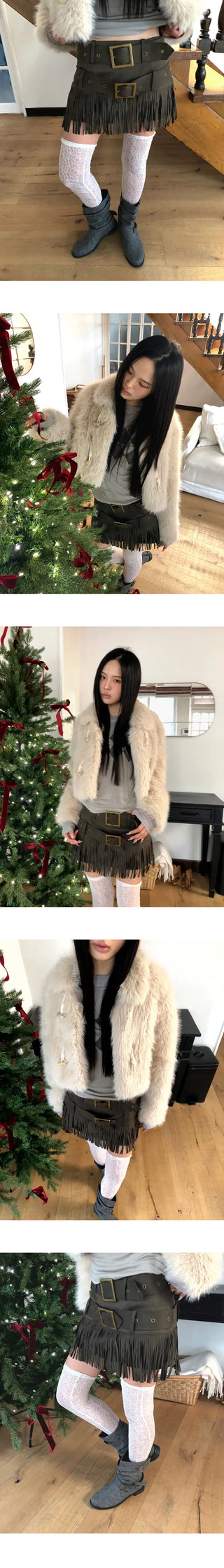 Leah Suede Two-Belt Tassel Mini Skirt
