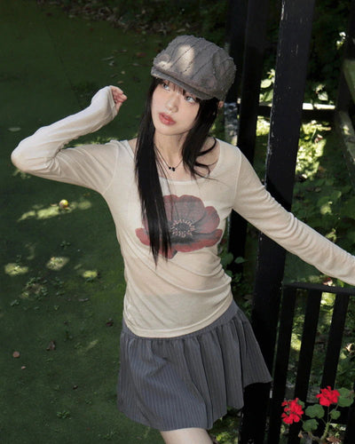 Kiving See-Through Uniq Cosmos Flower Long Sleeve T-Shirt