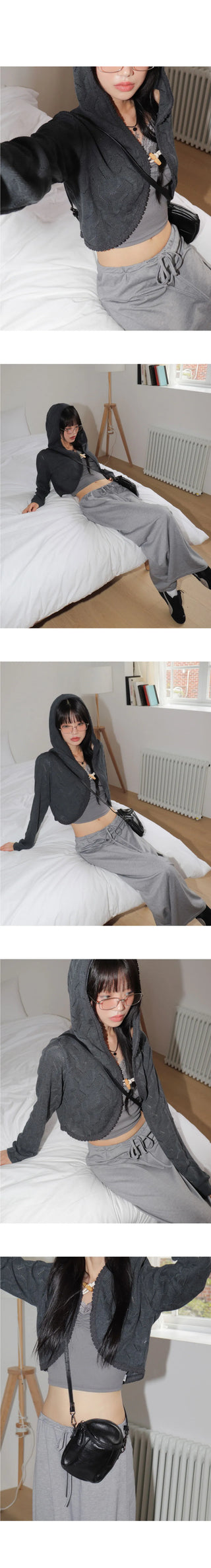 Roaching lace duffle tteokbokki button crop hooded cardigan