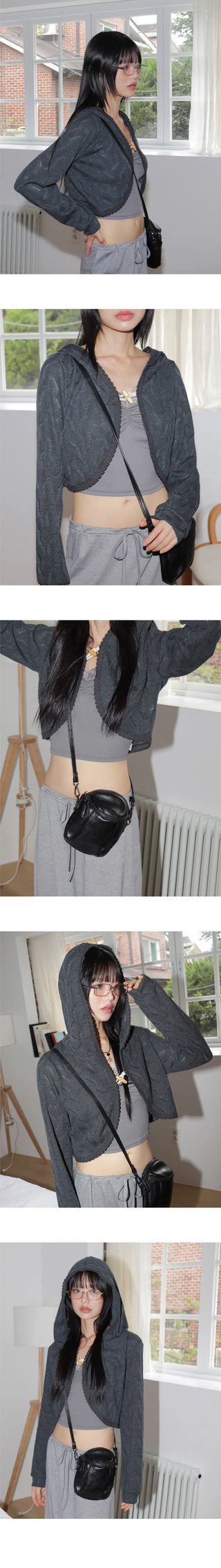 Roaching lace duffle tteokbokki button crop hooded cardigan