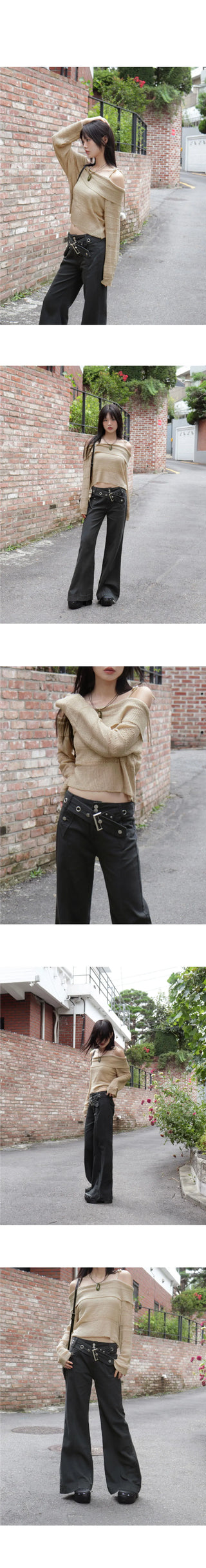 Shum Punching Skashi Strap Off Shoulder Knitwear