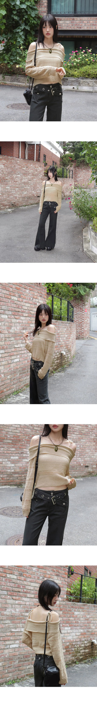 Shum Punching Skashi Strap Off Shoulder Knitwear