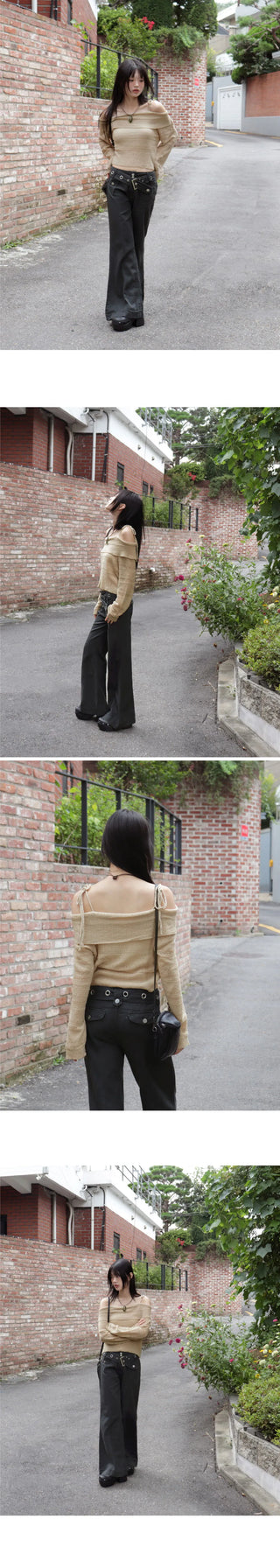 Shum Punching Skashi Strap Off Shoulder Knitwear
