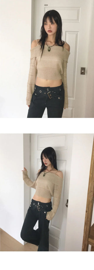 Shum Punching Skashi Strap Off Shoulder Knitwear