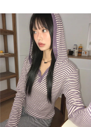 Pao Stripe Snap Button Contrast Long Sleeve Hooded T-Shirt