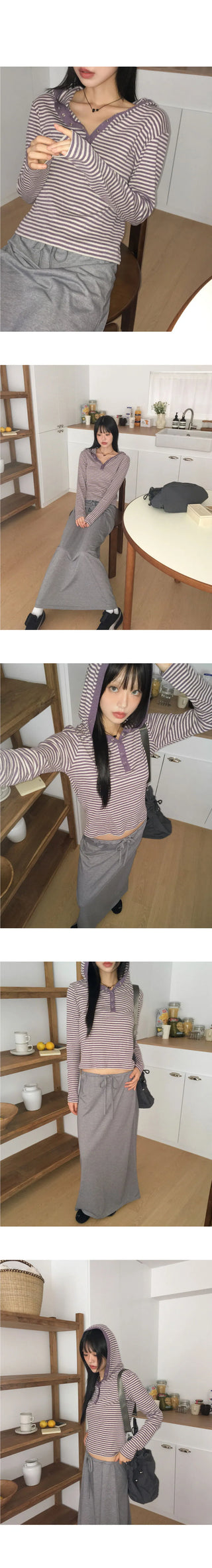 Pao Stripe Snap Button Contrast Long Sleeve Hooded T-Shirt