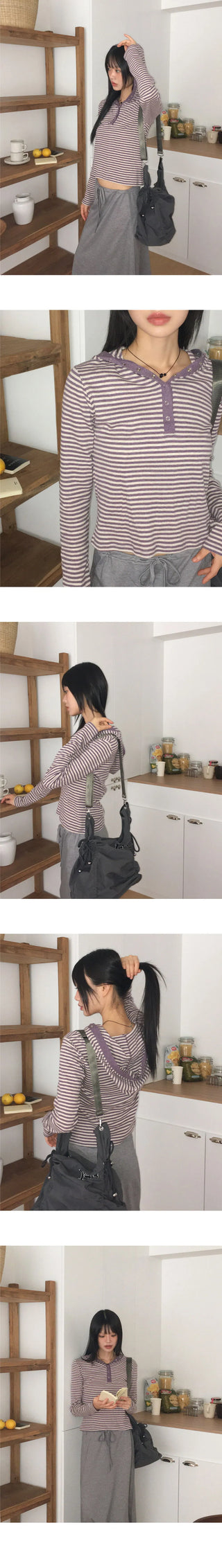 Pao Stripe Snap Button Contrast Long Sleeve Hooded T-Shirt