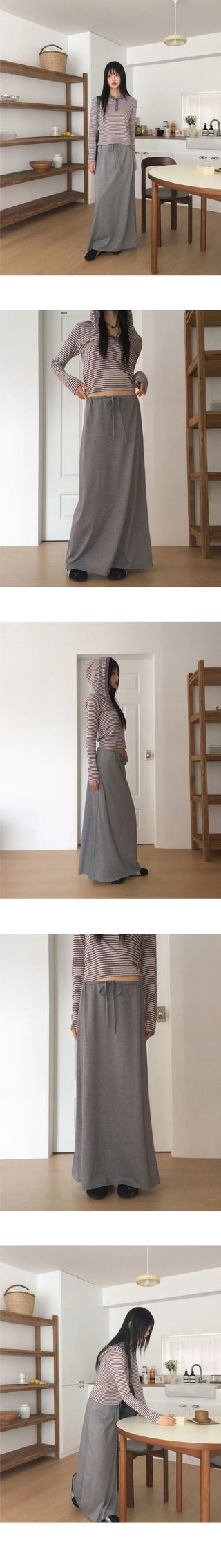 Pao Stripe Snap Button Contrast Long Sleeve Hooded T-Shirt