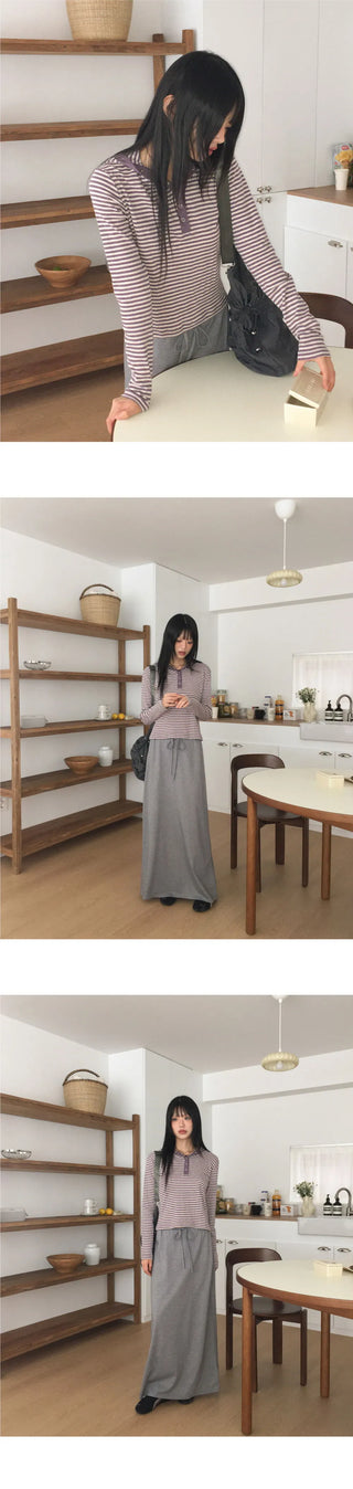 Pao Stripe Snap Button Contrast Long Sleeve Hooded T-Shirt