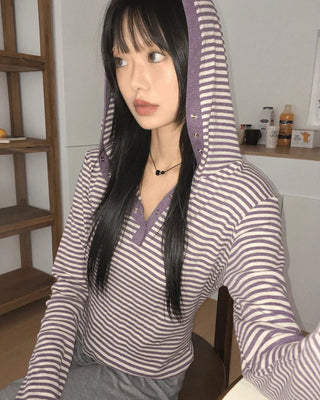 Pao Stripe Snap Button Contrast Long Sleeve Hooded T-Shirt
