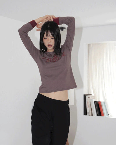 Fenkey Stripe Lettering Semi Cropped Long Sleeve T-Shirt