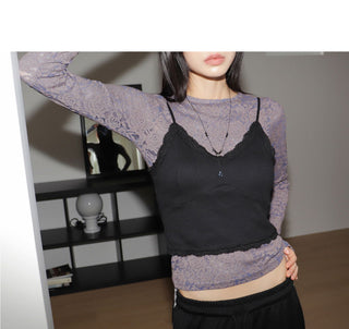 Zephyr Rose Embossed Two-Tone See-Through Long Sleeve T-Shirt