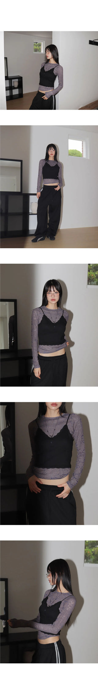 Zephyr Rose Embossed Two-Tone See-Through Long Sleeve T-Shirt