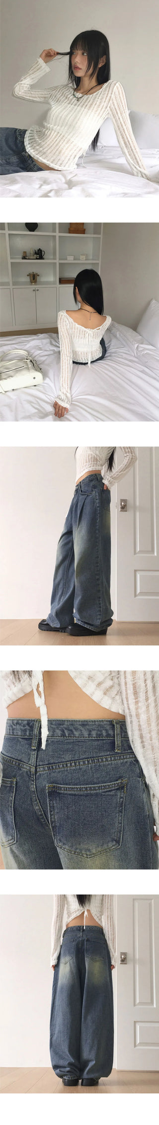 Eaton One Pintuck Faded Wide Denim Pants