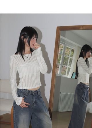 Eldi See-Through Ribbon Halter Strap Crop Long Sleeve T-Shirt