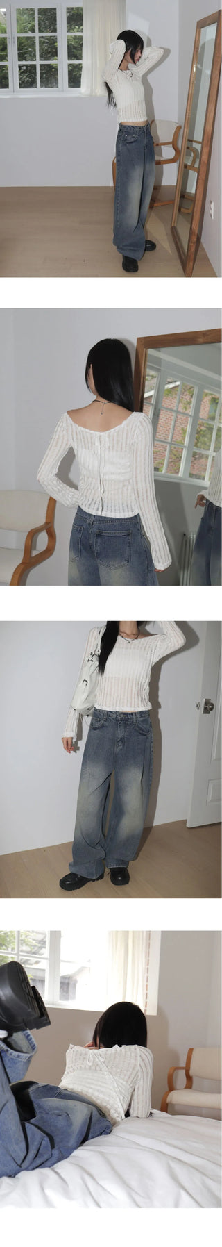Eldi See-Through Ribbon Halter Strap Crop Long Sleeve T-Shirt