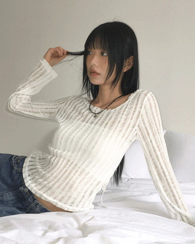 Eldi See-Through Ribbon Halter Strap Crop Long Sleeve T-Shirt
