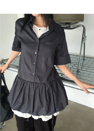 Somel Double Layered Short Sleeve Mini Shirt Dress