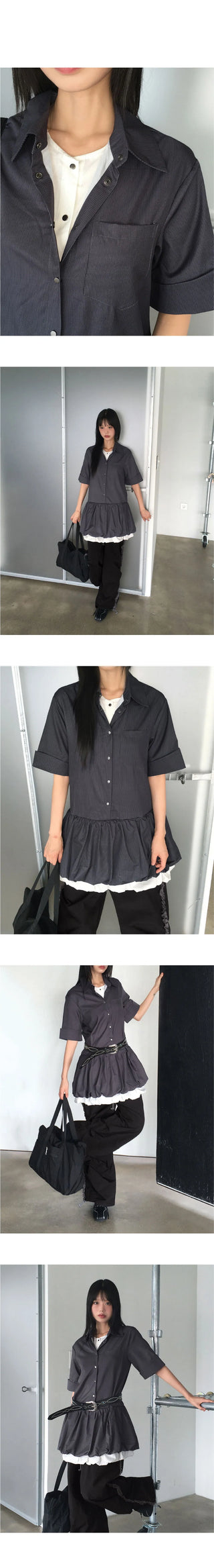 Somel Double Layered Short Sleeve Mini Shirt Dress