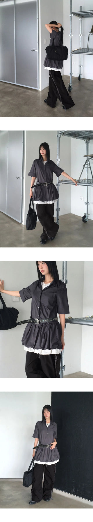 Somel Double Layered Short Sleeve Mini Shirt Dress