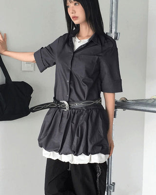Somel Double Layered Short Sleeve Mini Shirt Dress