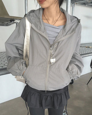 Fornell grid check windbreaker nylon two-way hooded zip-up