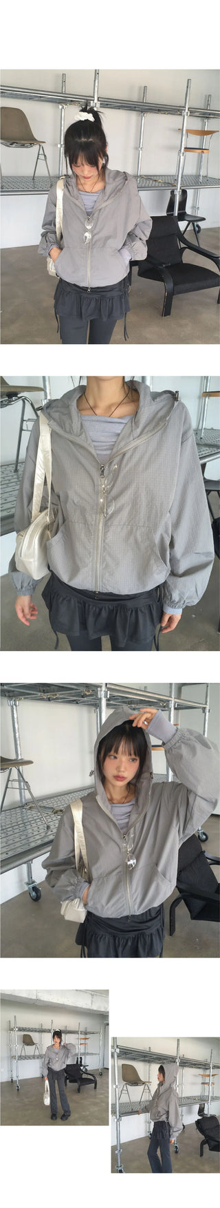 Fornell grid check windbreaker nylon two-way hooded zip-up